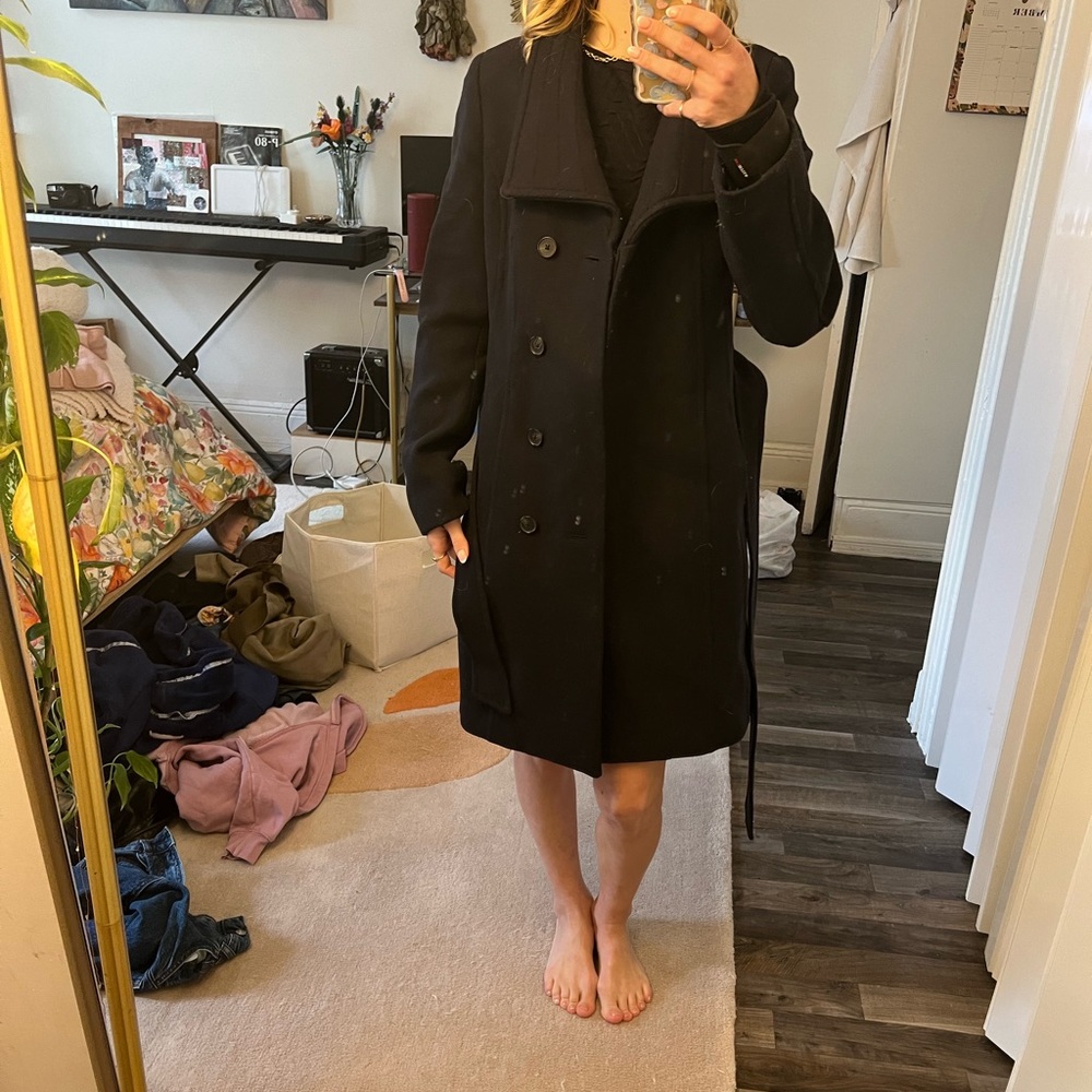 babaton aritzia belted navy blue wool coat size xs